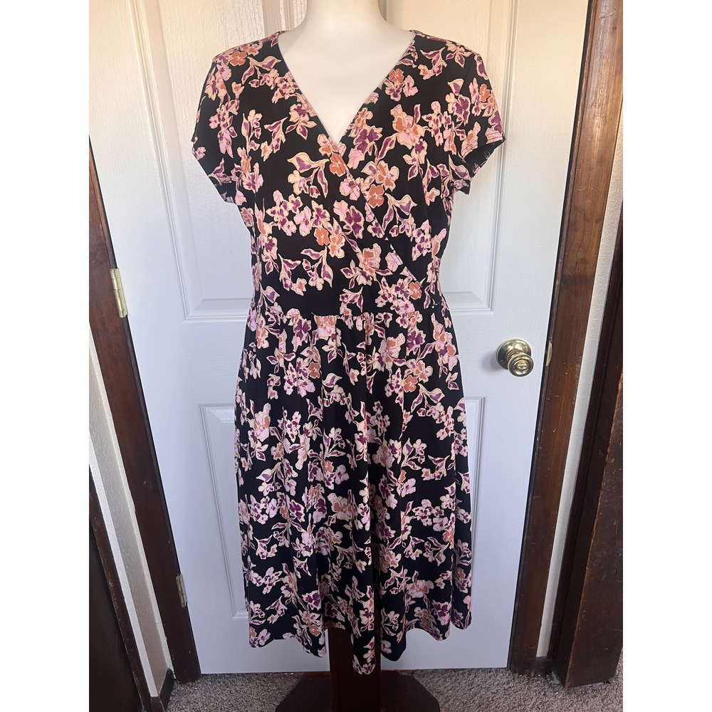 Pact Black Pink Floral Faux Wrap V-Neck Midi Dress with Pockets Large